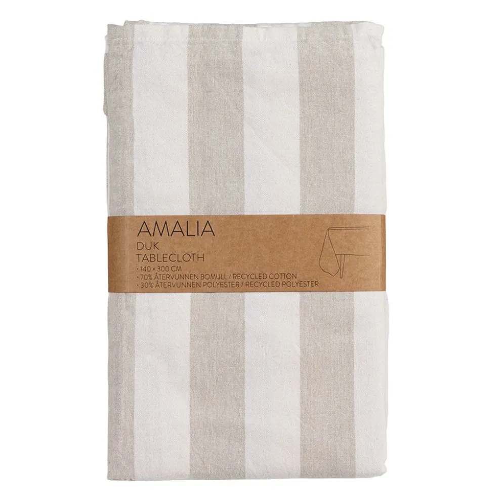 Amalia beige randig bordsduk i återvunnet material 140x300cm