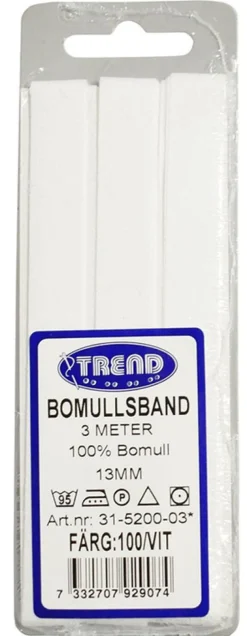 Bomullsband 3m x 13mm vit