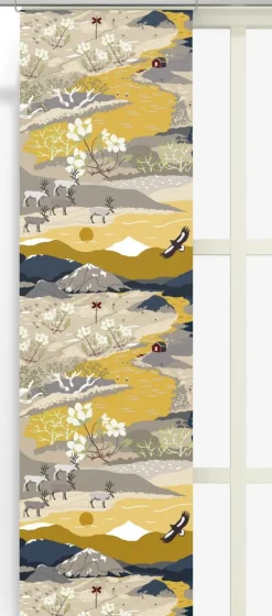 Fjällvandring gul-blå panelgardiner med fjällmotiv