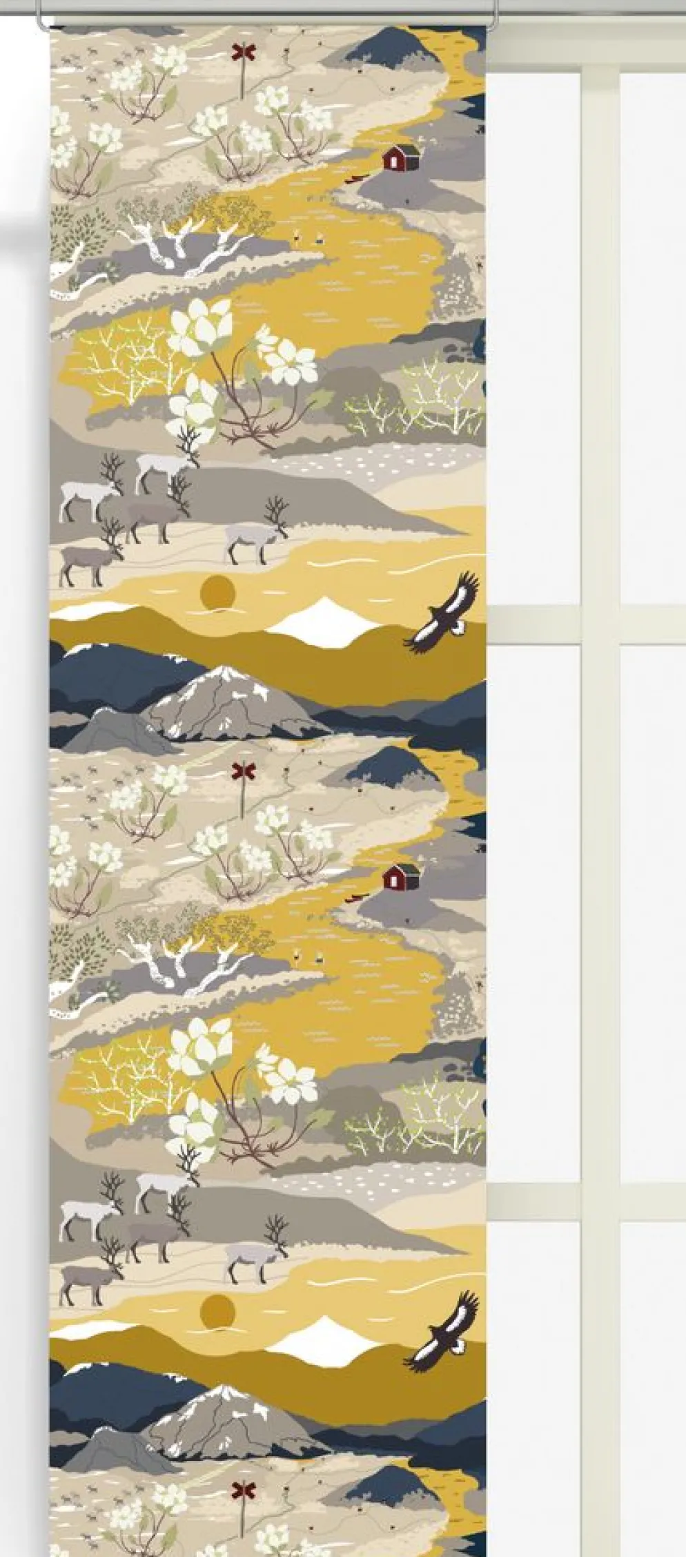 Fjällvandring gul-blå panelgardiner med fjällmotiv