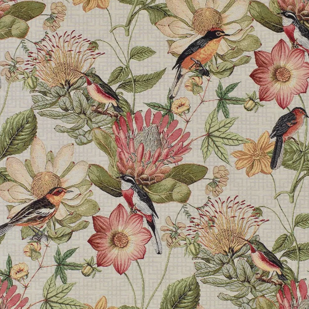 Floral botanic bird möbeltyg - fyllt av blomster och färgsprakande fåglar
