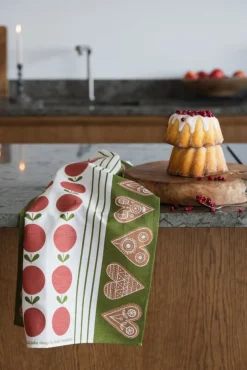 Frukt och kaka kökshandduk – rödgrön jultextil i lin & bomull
