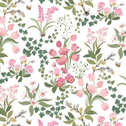 Humlegården rosa-grön tyg med charmigt blomstermotiv