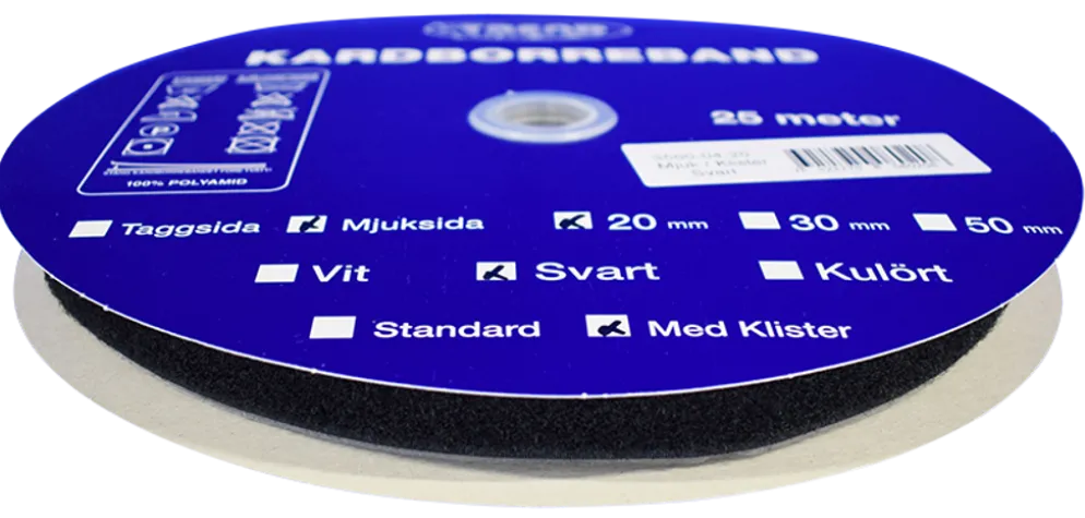 Kardborreband mjuk klister svart 20mm - 25m rulle