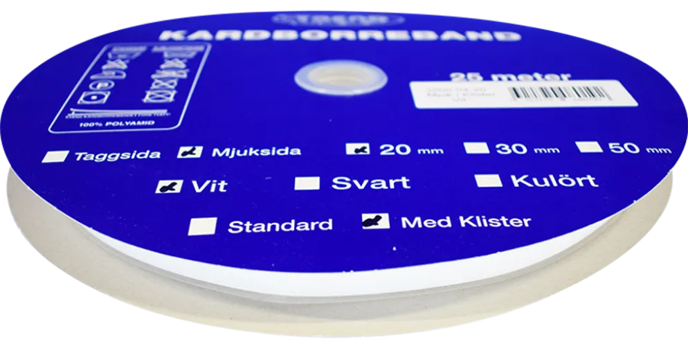 Kardborreband mjuk klister vit 20mm - 25m rulle