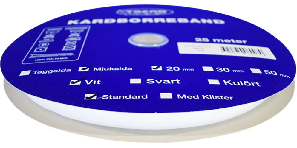 Kardborreband mjuk vit 20mm - 25m rulle