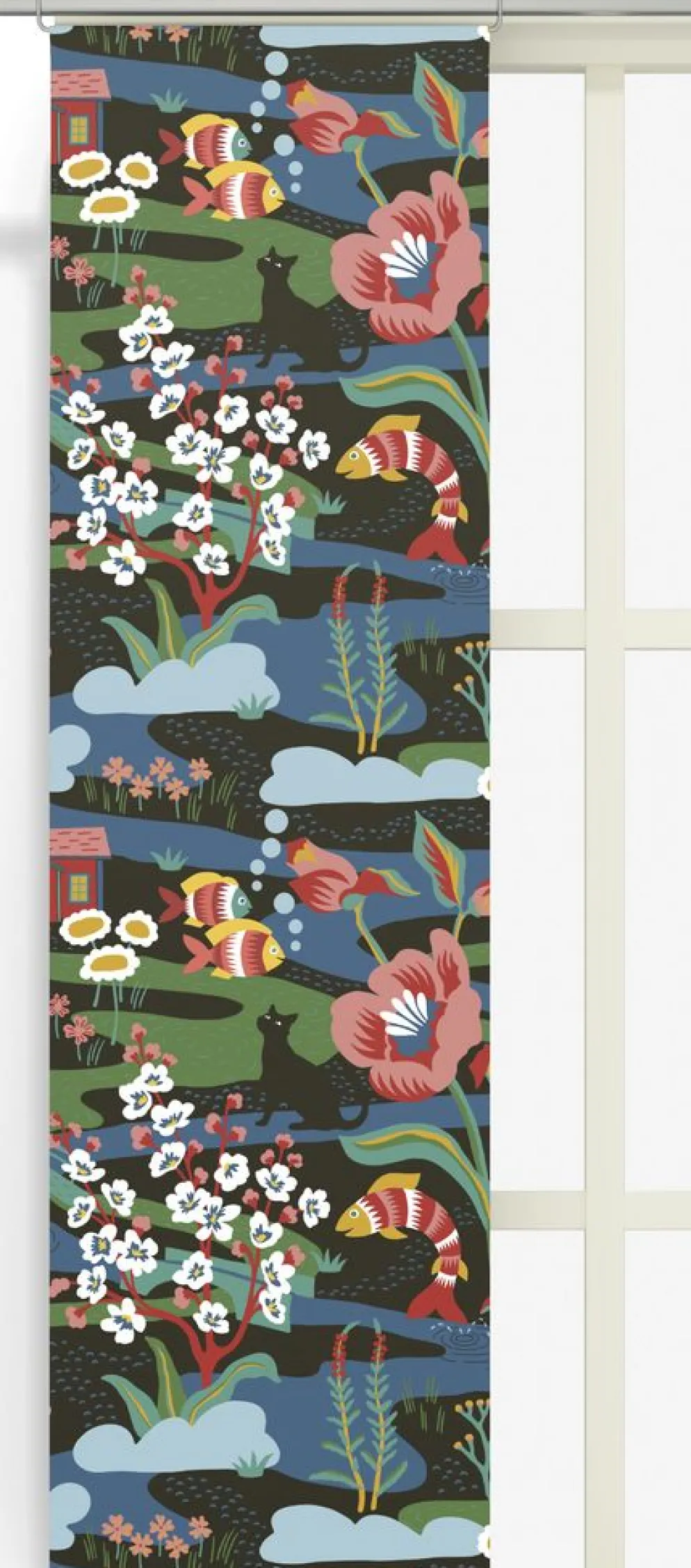Landet bubblar svart-multi panelgardin – Färgsprakande saga i textil