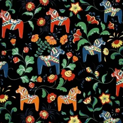 Leksand svart tyg med traditionellt dalahästtryck