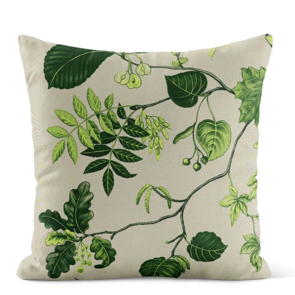 Liv beige-grön kuddfodral i linnelook med naturmotiv