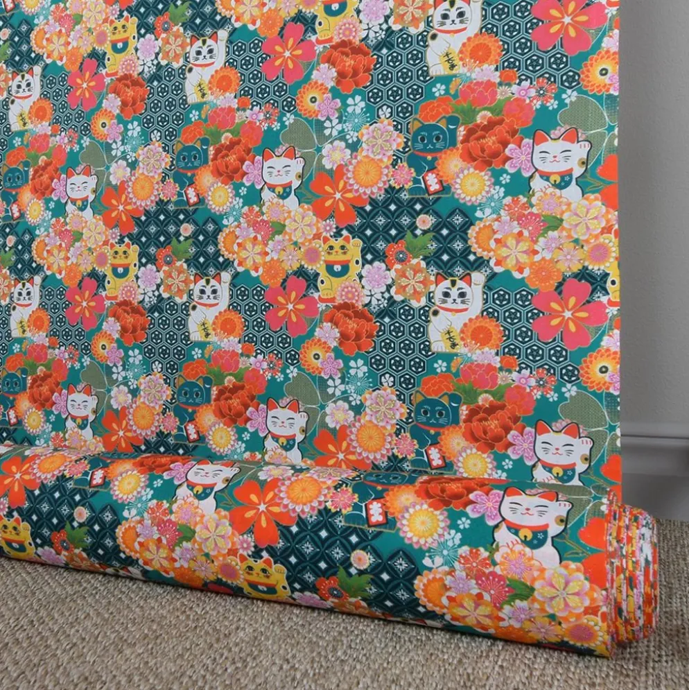 Miyuki bomullstyg med lyckokatter och blomster