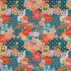 Miyuki bomullstyg med lyckokatter och blomster