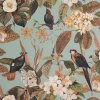 Philodendron tyg - turkost med tropiska fåglar och blommor
