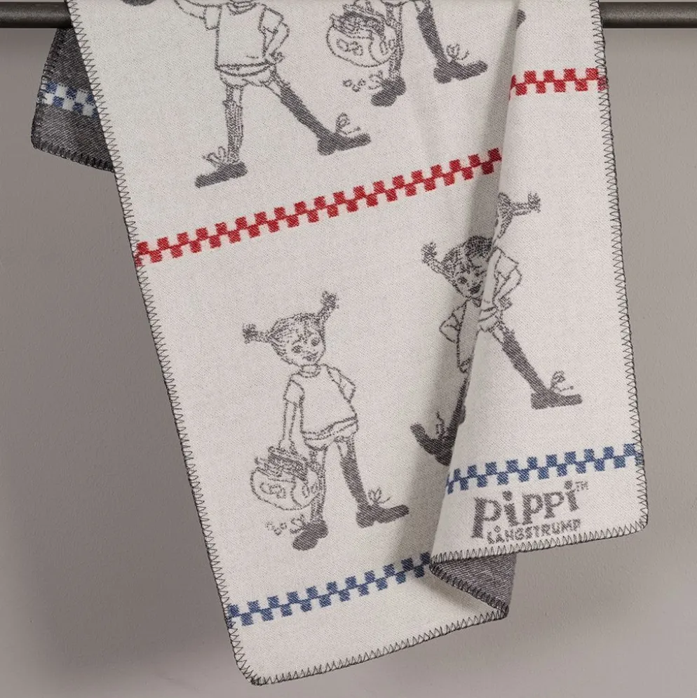 Pippi grå barnfilt i merinoull med Pippi Långstrump