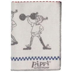 Pippi grå barnfilt i merinoull med Pippi Långstrump