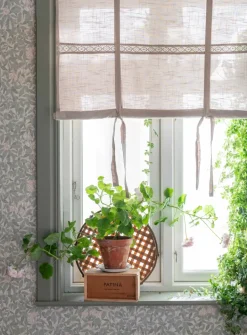 Sanna beige hissgardin med dekorativt spetsband
