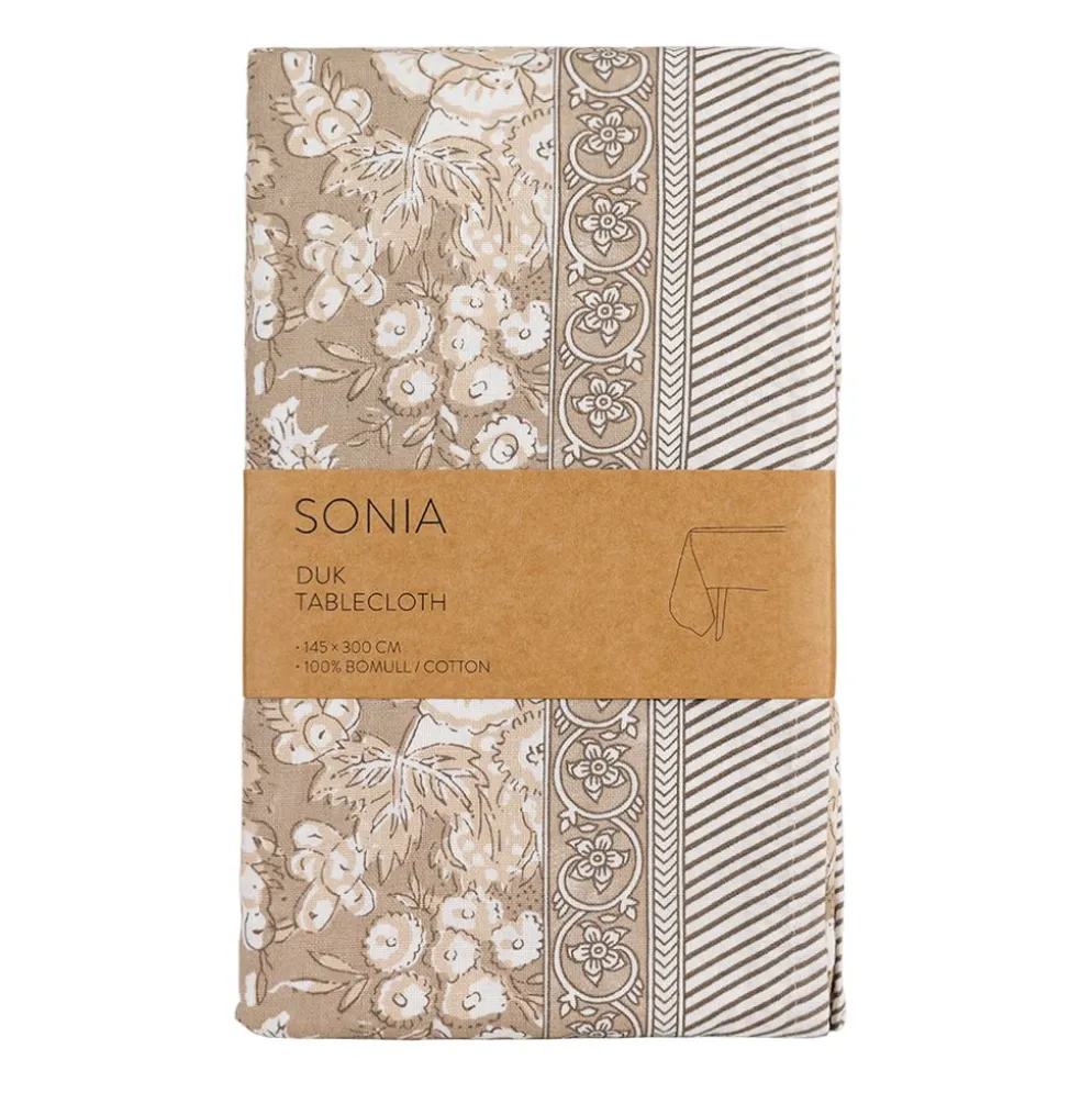 Sonia beige blommig bordsduk i bomull 145x300cm