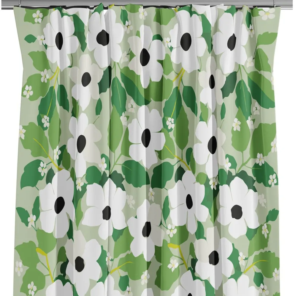 Svartöga grön – blommiga gardiner med vita blommor och gröna blad