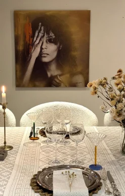 Åttebladsrose beige löpare 50x150 - Ekelunds Linneväveri
