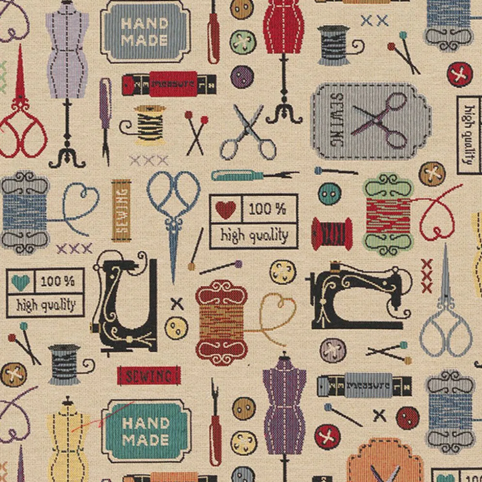Vintage sewing atelier möbeltyg med vintage sybehör och symaskiner